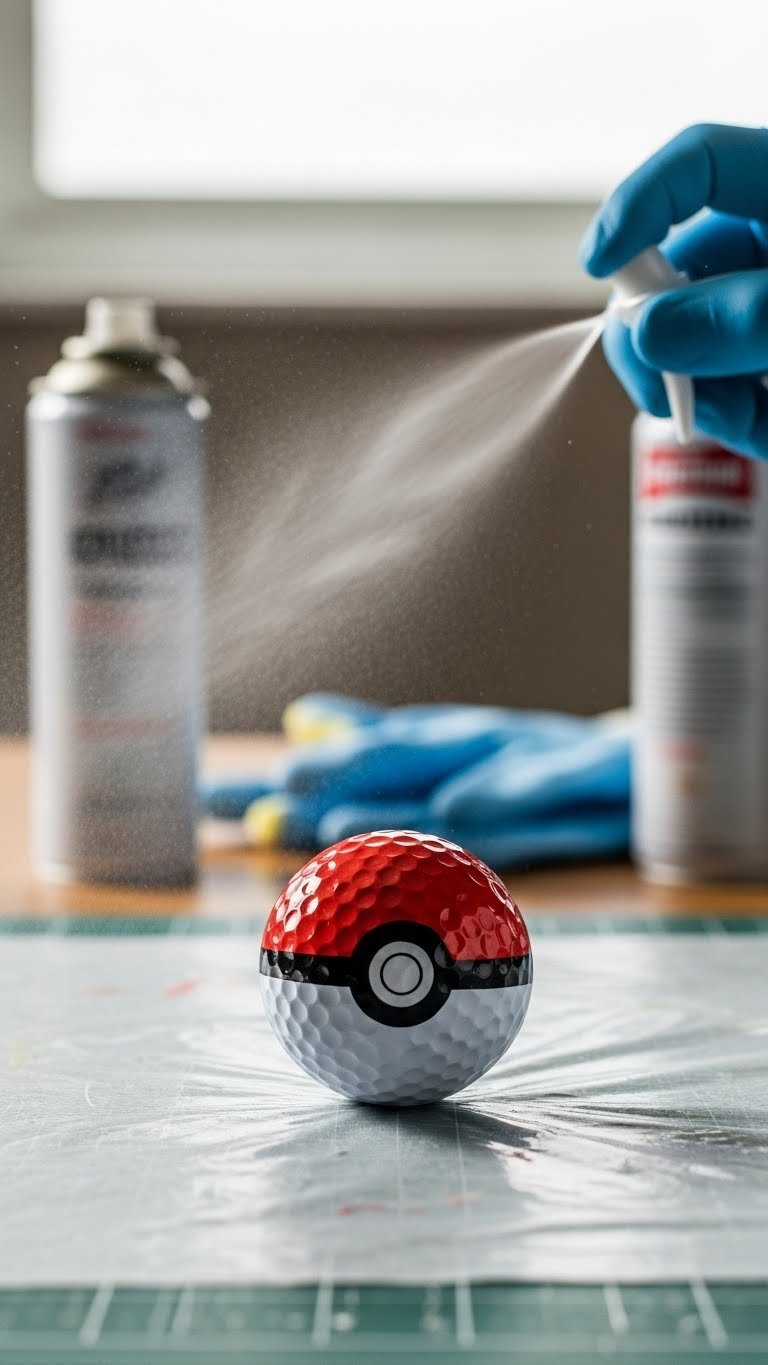 Sealed Pokeball Golf Ball With High-Gloss Finish On Protective Craft Mat With Sealant Spray Visible In Background