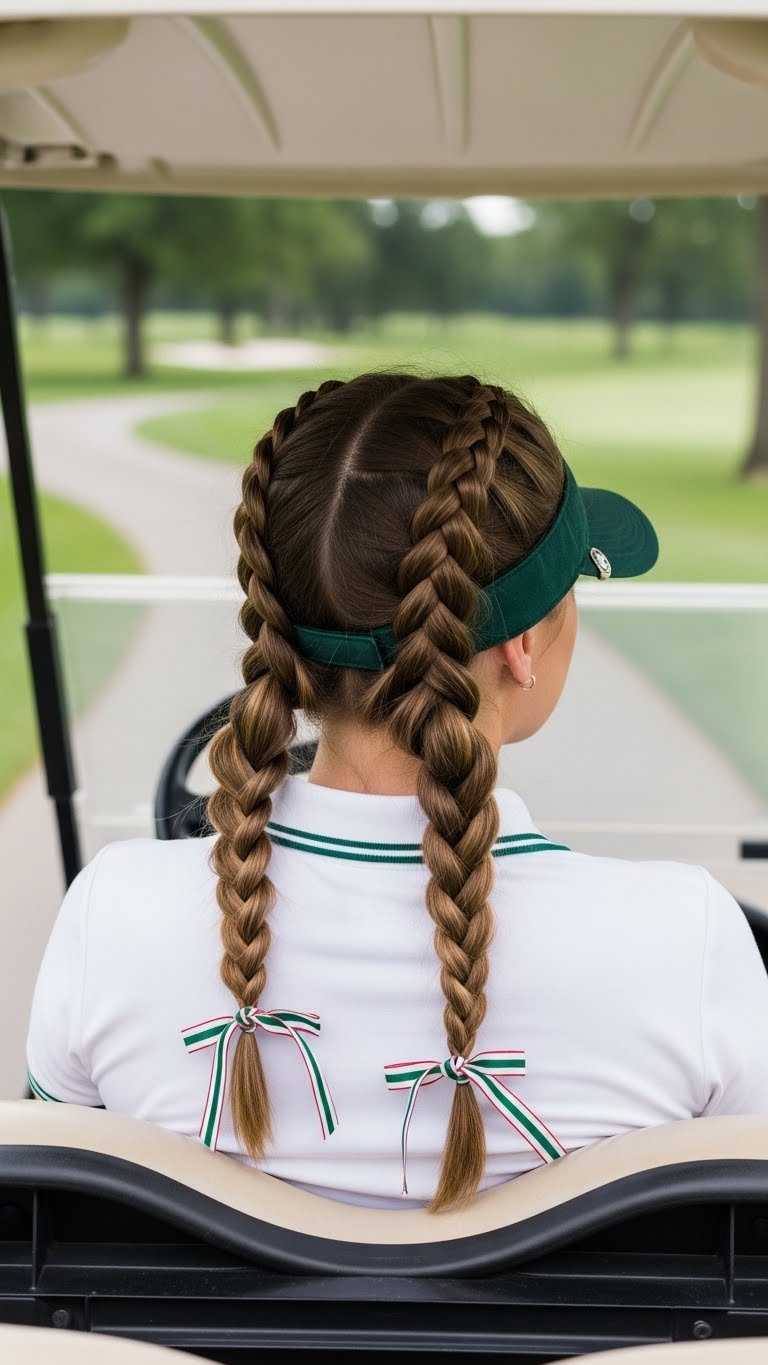 Secure Pigtail Braids Hairstyle On Woman Wearing Golf Hat Seated On Golf Cart Near Country Club