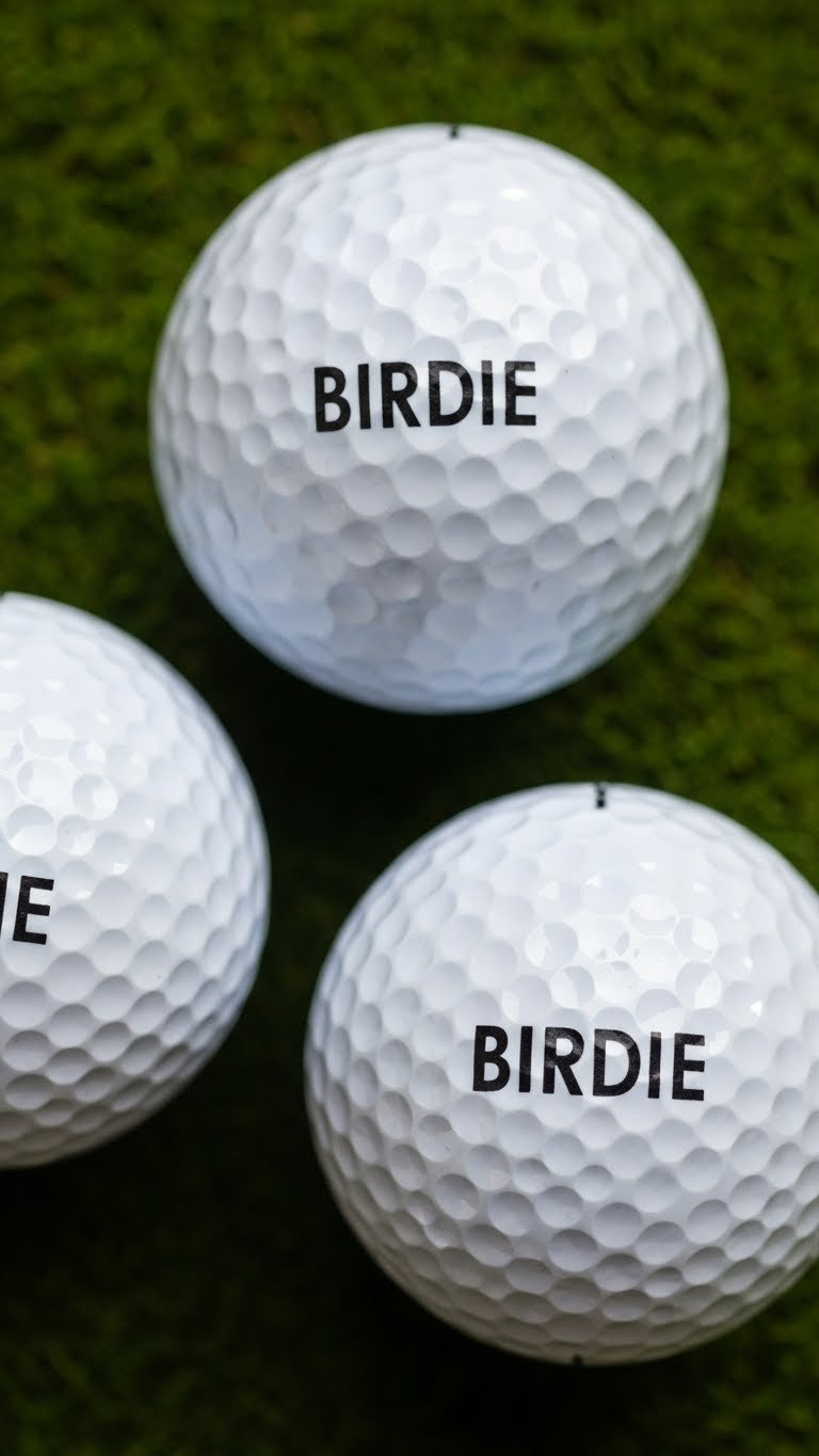Set Of Three White Golf Balls With Personalized Baby Portraits And Birdie Designs Arranged On Rustic Wooden Table