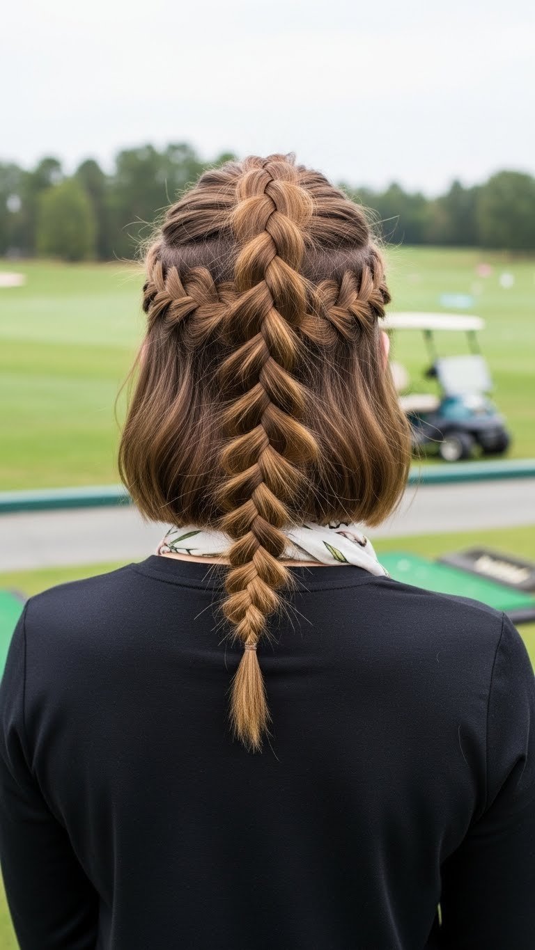 Short Bob Hair Styled With Textured French Braid Adaptation On Golf Course Driving Range Background
