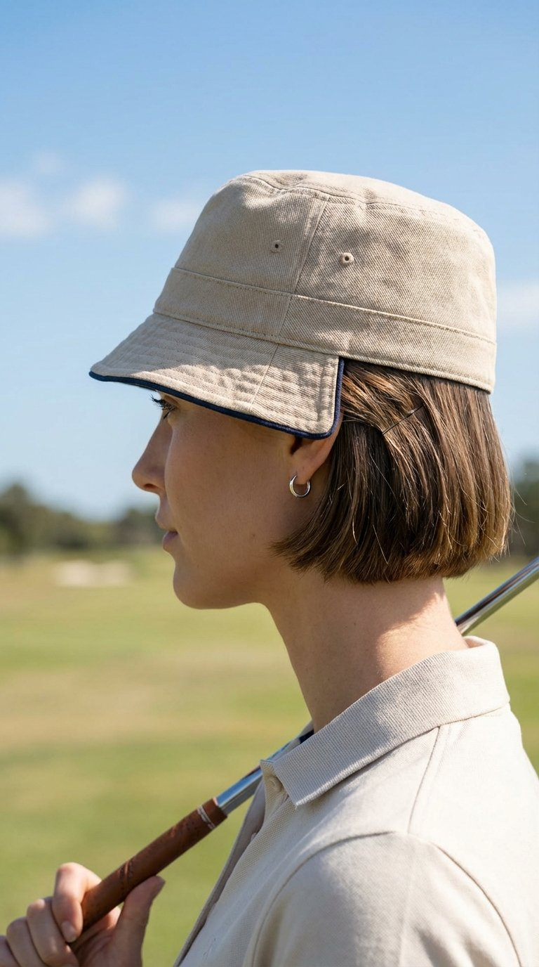 Shorter Bob Haircut Pinned Back Under Lightweight Golf Bucket Hat With Clean Polished Profile On Course