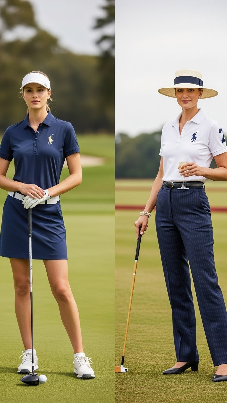 Side-By-Side Comparison Of Female Golf Attire Versus Elegant Polo Match Spectator Outfit Highlighting Stylistic Differences