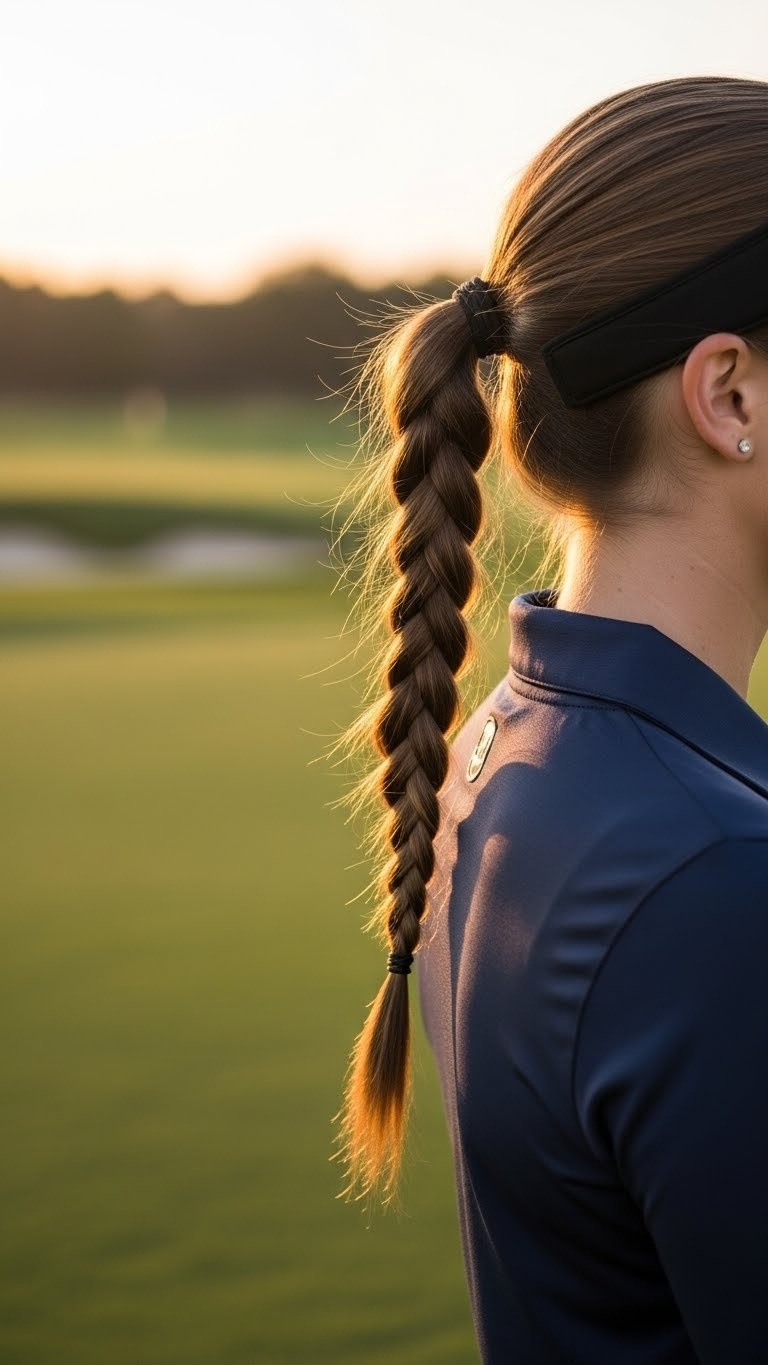 Side View Of A Woman'S Elegant French Braided Ponytail, Designed For Golf, Against A Scenic Golden Hour Golf Course.