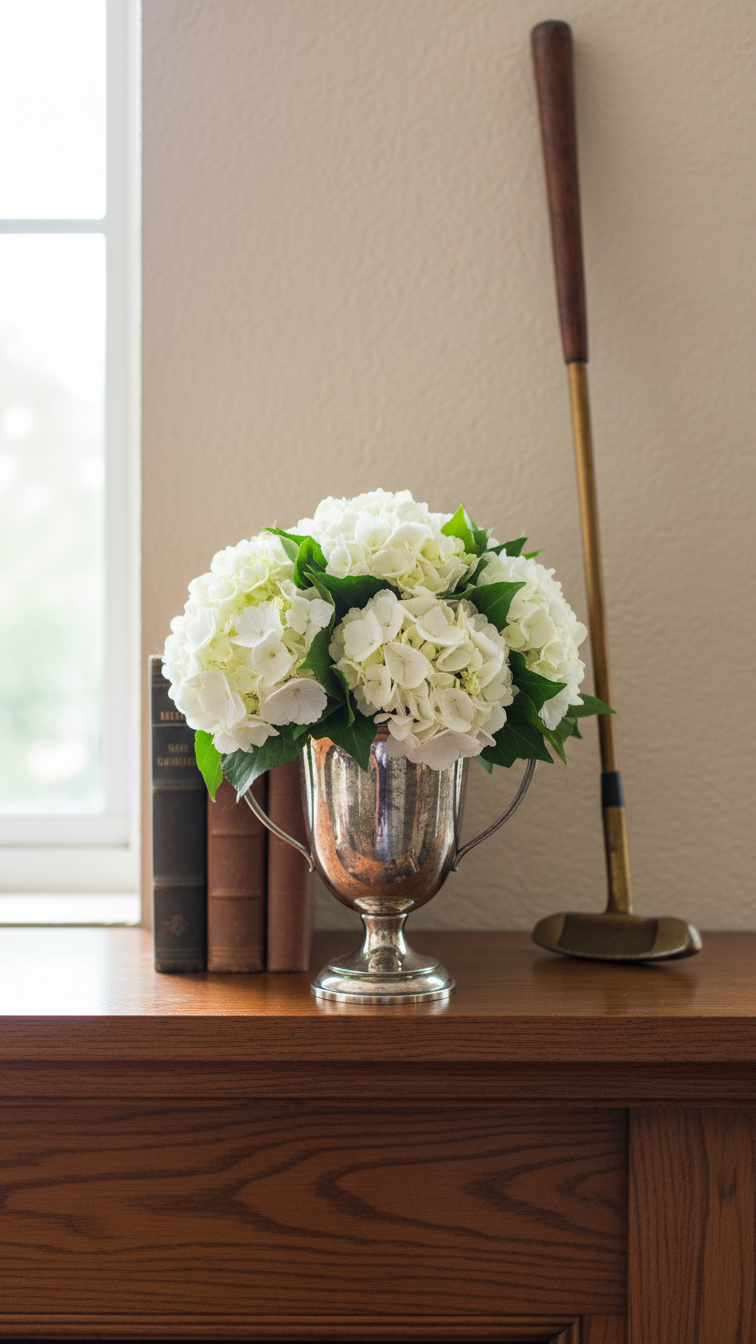 Silver Loving Cup Trophy Vase With White Hydrangeas And Green Foliage Golf-Themed Floral Arrangement On Dark Wood
