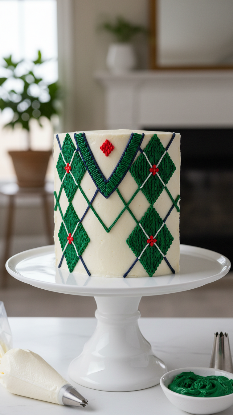 Simple Argyle Sweater Vest Cake With Hunter Green And Navy Diamond Pattern Piped On White Buttercream