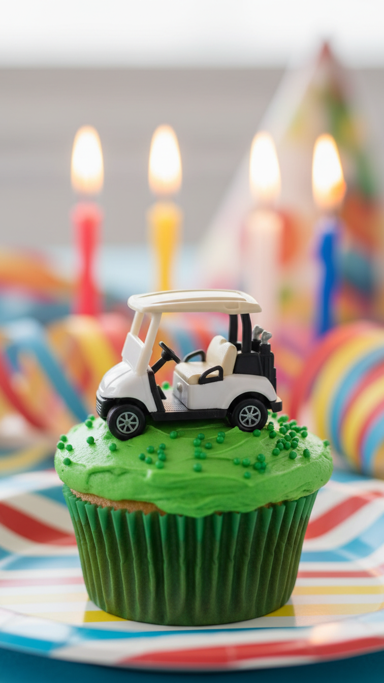 Simple Golf Cart Cupcake With Green Grass Frosting Topped With Plastic Golf Cart Toy On Colorful Party Plate