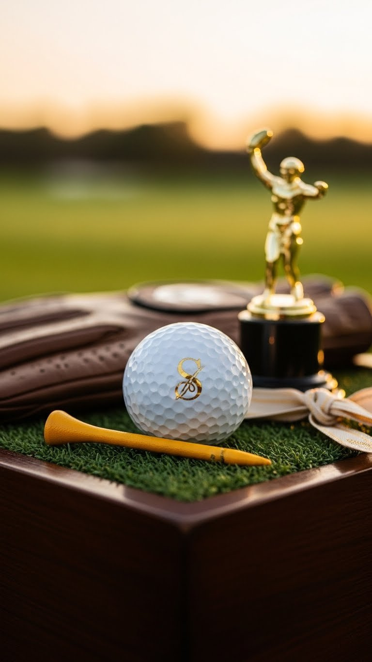 Single Golf Ball With Gold-Foiled Initial 'S' Monogram On Dark Polished Wooden Tee Box At Sunset Golf Course.