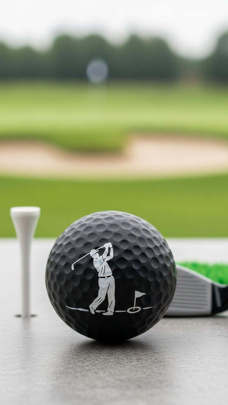 Single Matte Black Golf Ball With White Golfer Silhouette Against Stone Surface With Golf Tee