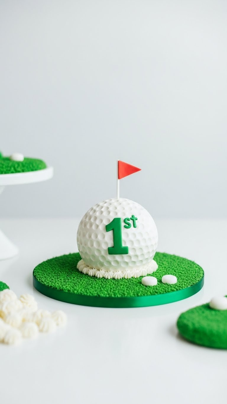 Single-Tiered Golf Ball Smash Cake On Artificial Turf With White Frosting For First Birthday Celebration