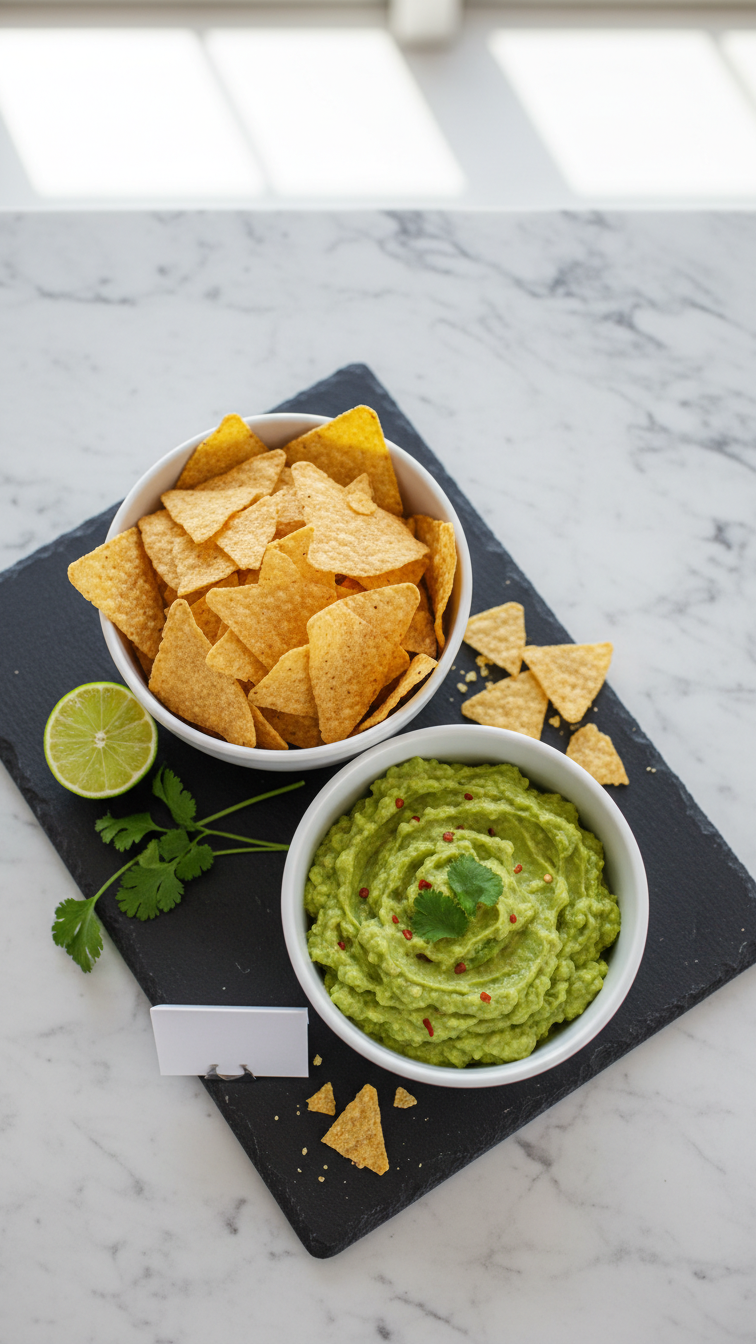 Slate Serving Board With Tortilla Chips, Fresh Guacamole Bowl, Lime Wedge And Cilantro Garnish