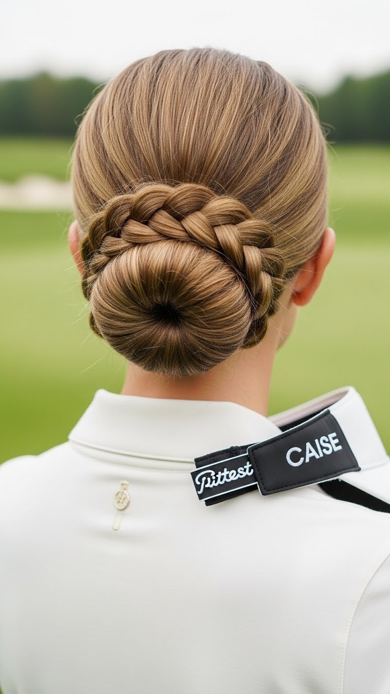 Sleek Braided Bun Golf Hairstyle Close-Up With Smooth Texture Against Soft Golf Course Background