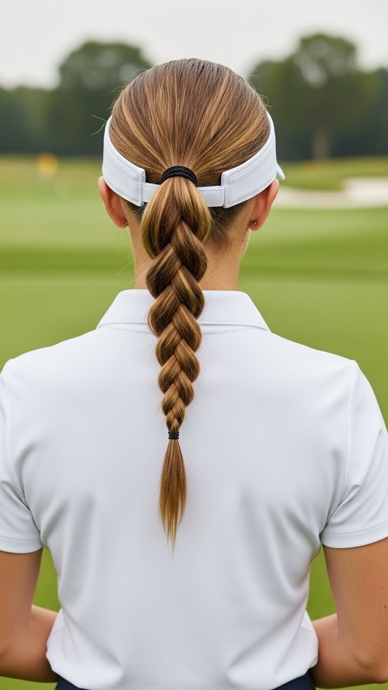 Sleek Braided Ponytail Hairstyle For Golf Under Visor With Golf Course Background In Professional Lifestyle Photography