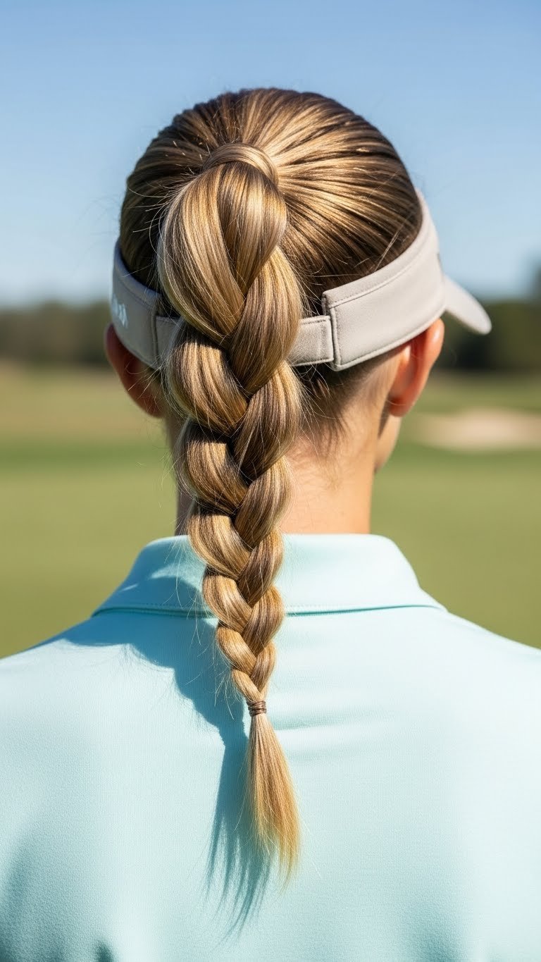 Sleek Braided Ponytail On Medium Length Hair, Secured With A Golf Visor, Ideal For Golf Course Activities Under Bright Daylight.