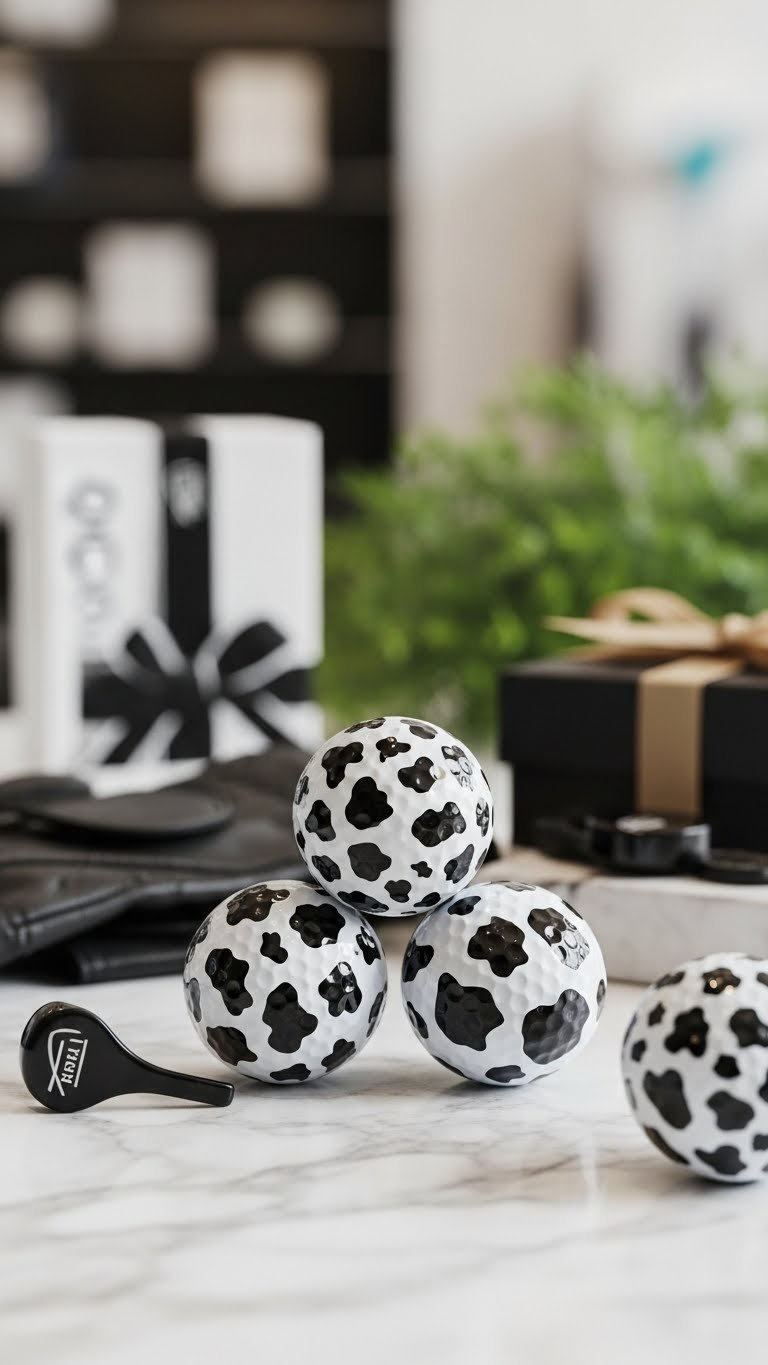 Sleek Custom Cow Print Golf Balls Professionally Printed On Marble Countertop With Premium Golf Accessories
