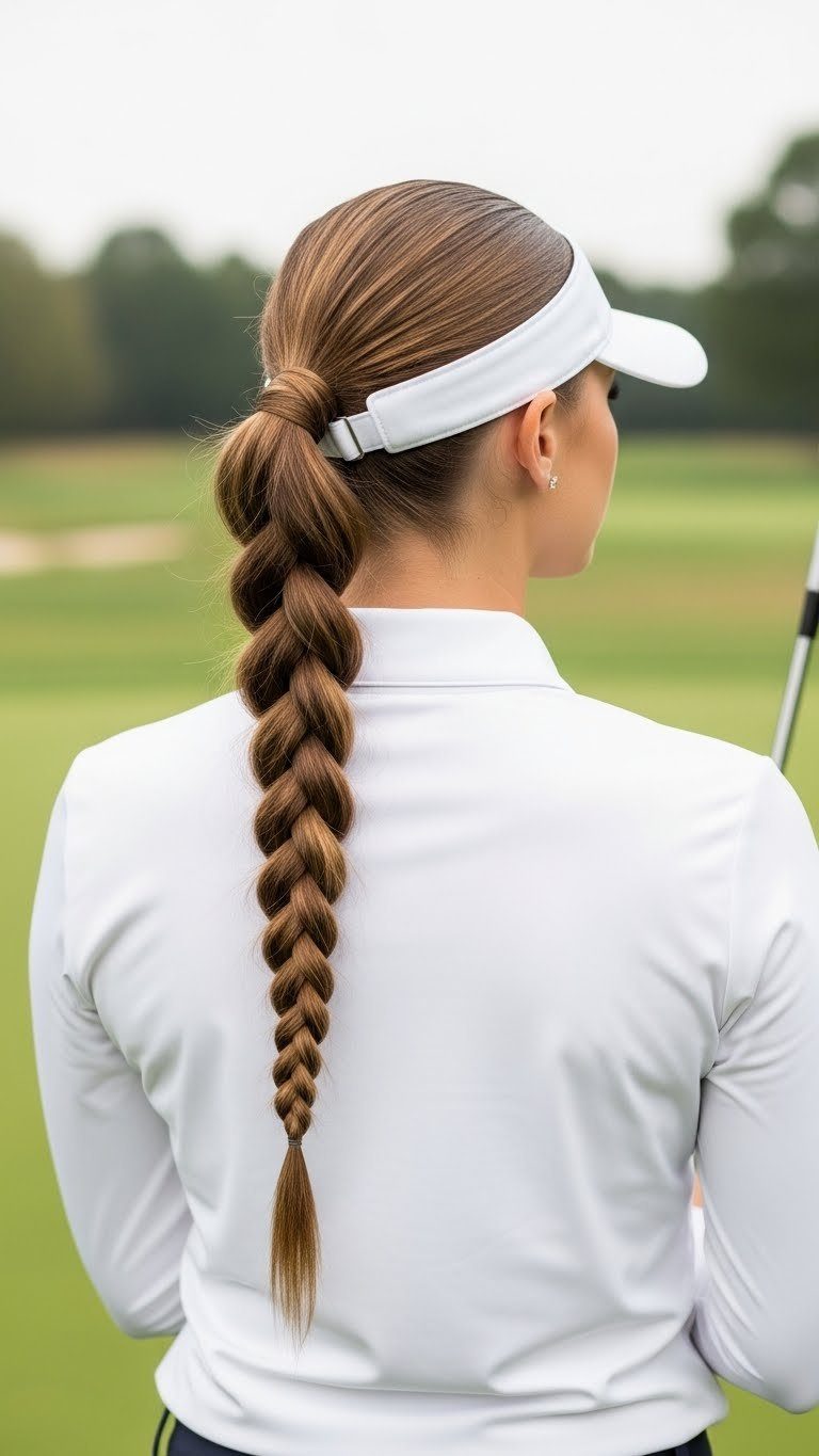 Sleek High Braided Ponytail On Long Hair Tucked Into A White Golf Cap, With A Secure Braid And Subtle Golf Course Background.