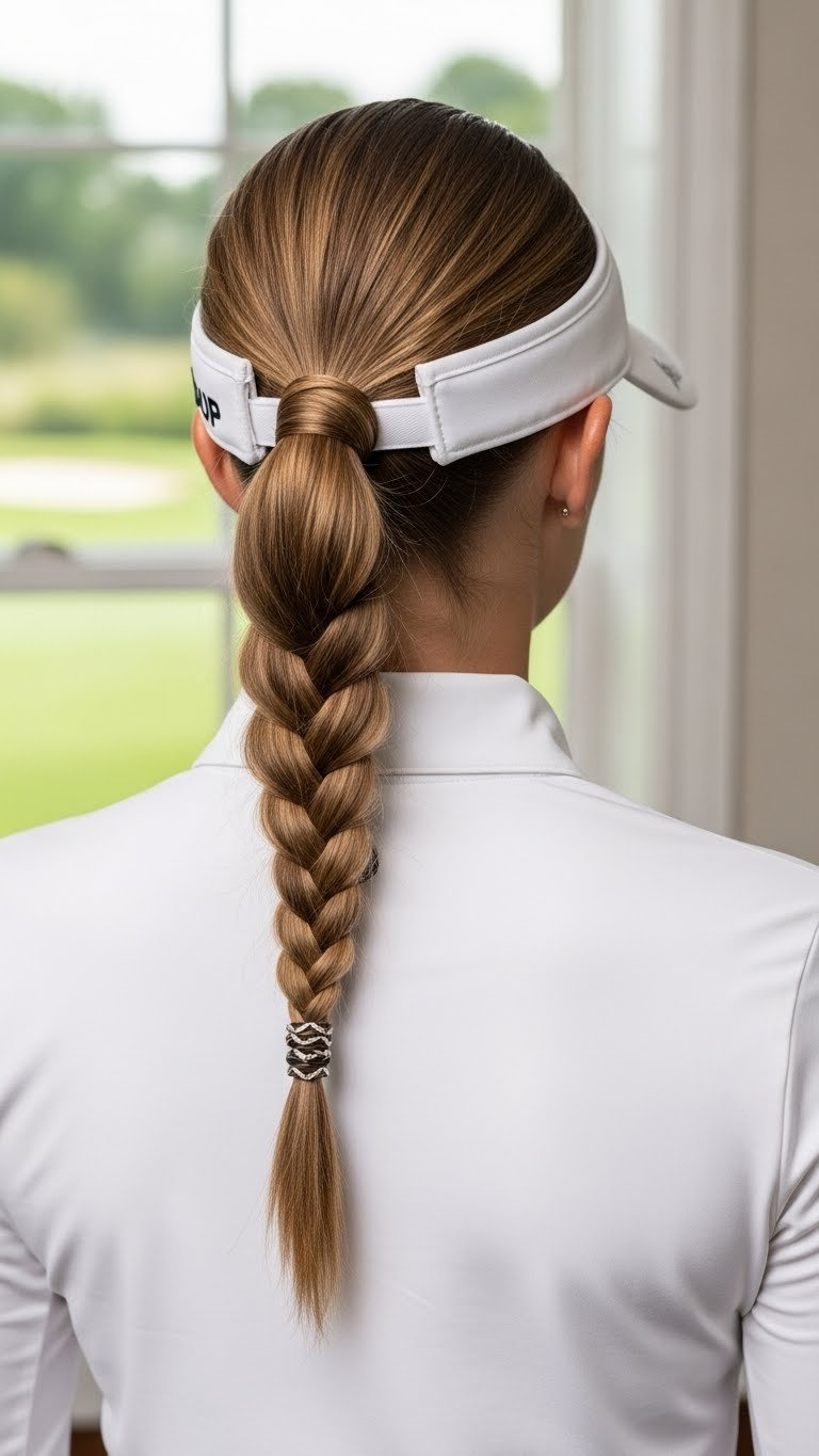 Sleek Low Braided Ponytail Emanating From Beneath Golf Visor On Female Golfer Against Upscale Clubhouse Backdrop