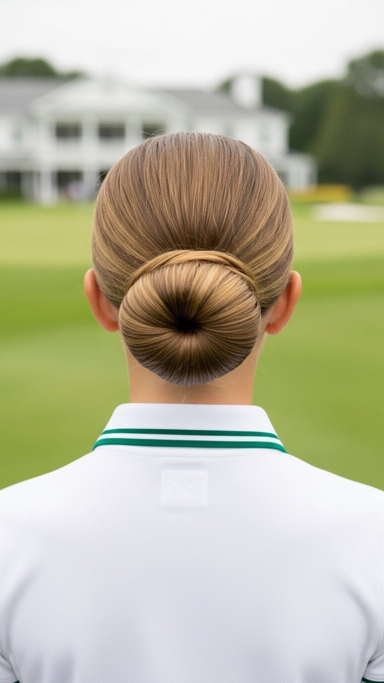 Sleek Low Bun Hairstyle On Junior Golfer Maintaining Country Club Etiquette On Formal Course