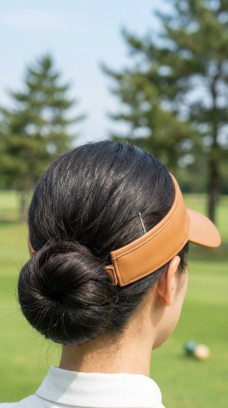 Sleek Low Bun Hairstyle Secured With Golf Visor Positioned At Nape Of Neck Against Soft Blurred Golf Course Background