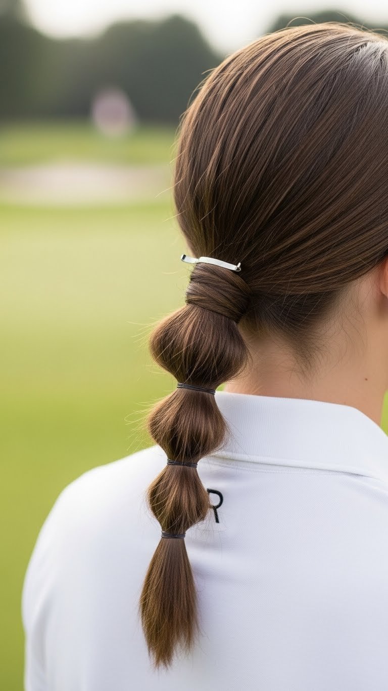Sleek Low Ponytail With A Wrapped Base On Medium Hair, Presenting A Polished And Practical Style For The Golf Course.