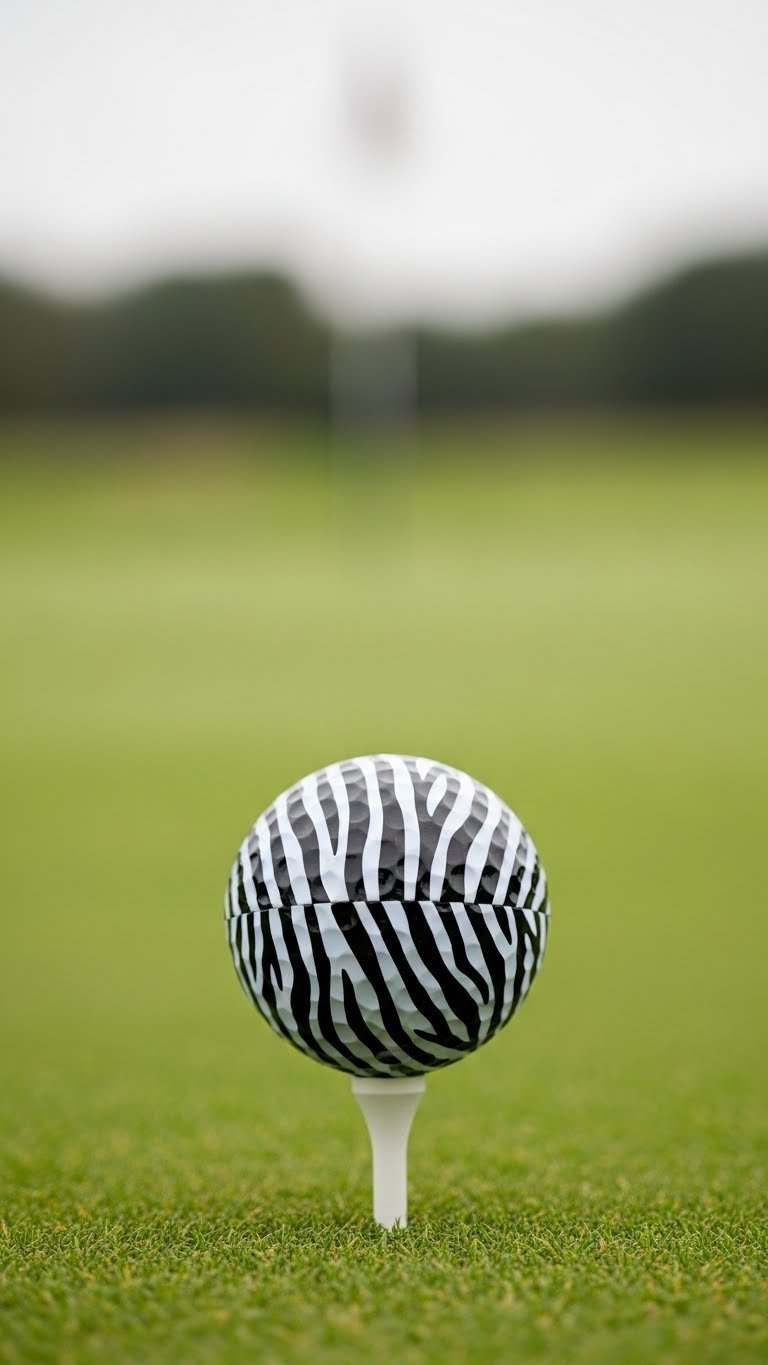 Sleek Zebra Print Golf Ball With Crisp Black Stripes Resting On Golf Tee Against Blurred Fairway Background