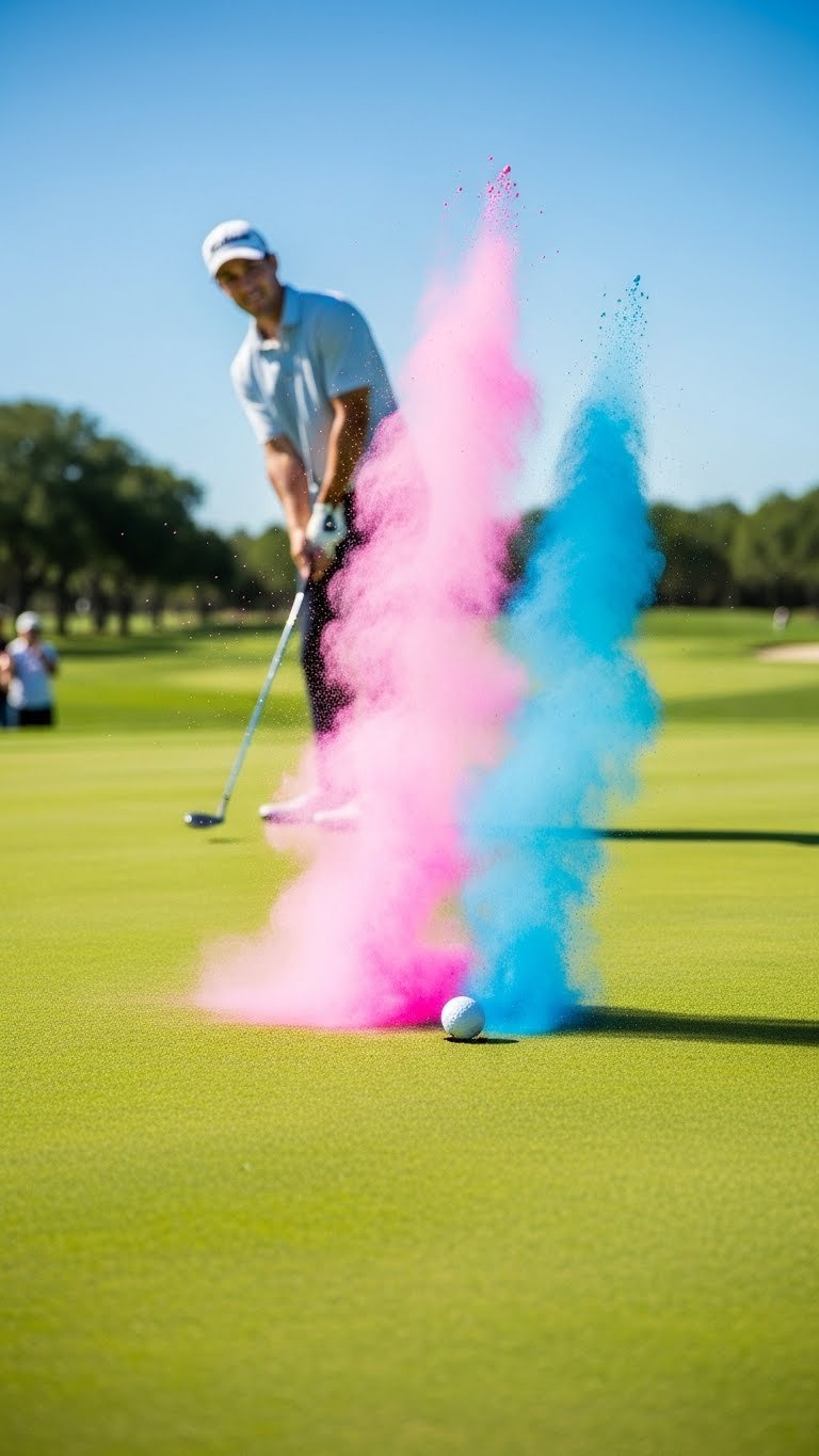 Slow Motion Frozen Frame Of Exploding Pink Powder Gender Reveal Golf Ball With Golfer Reaction In Background.