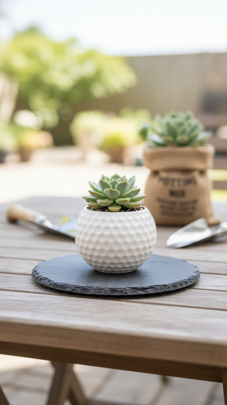 Small Green Succulent Planted In White Ceramic Golf Ball-Shaped Pot With Dimples