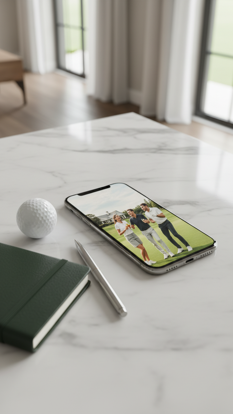 Smartphone Displaying Golf Party Photo Ready For Instagram Post With Golf Ball Accessory