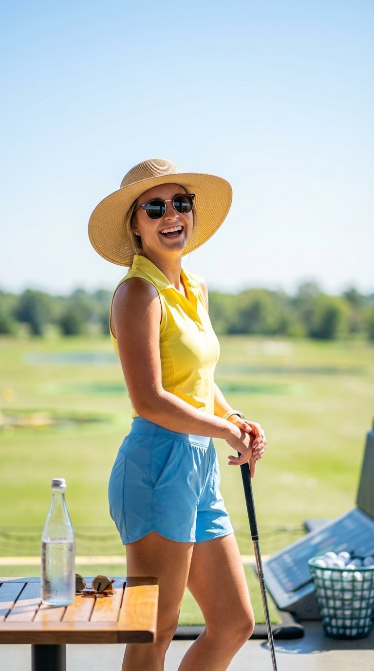 Smiling Woman In Bright Sleeveless Golf Top And Airy Shorts With Sun Hat Enjoying Sunny Day At Vibrant Topgolf
