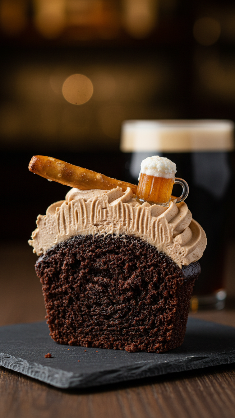 Sophisticated 19Th Hole Chocolate Cupcake With Wood Grain Frosting, Pretzel Cigar, And Fondant Beer Mug