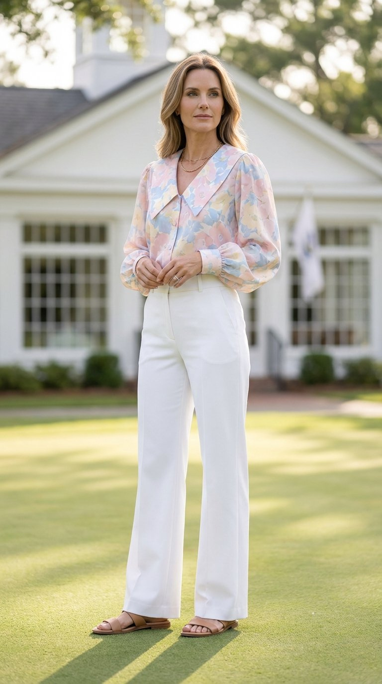 Sophisticated Female Golfer In White Wide-Leg Trousers And Floral Butterfly Collar Blouse On Putting Green