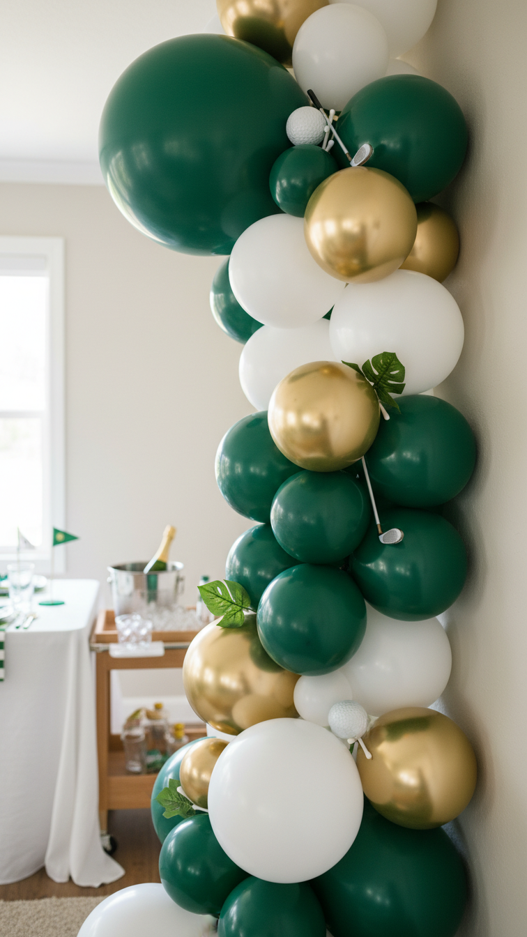 Sophisticated Golf Balloon Garland With Forest Green, White, And Gold Balloons Arranged In A Dynamic Asymmetrical Layout Against A Neutral Wall Backdrop.