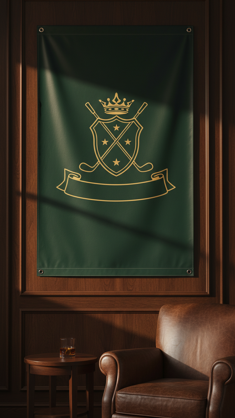 Sophisticated Golf Club Vinyl Banner On Dark Wood Paneled Wall With Leather Armchair Decor