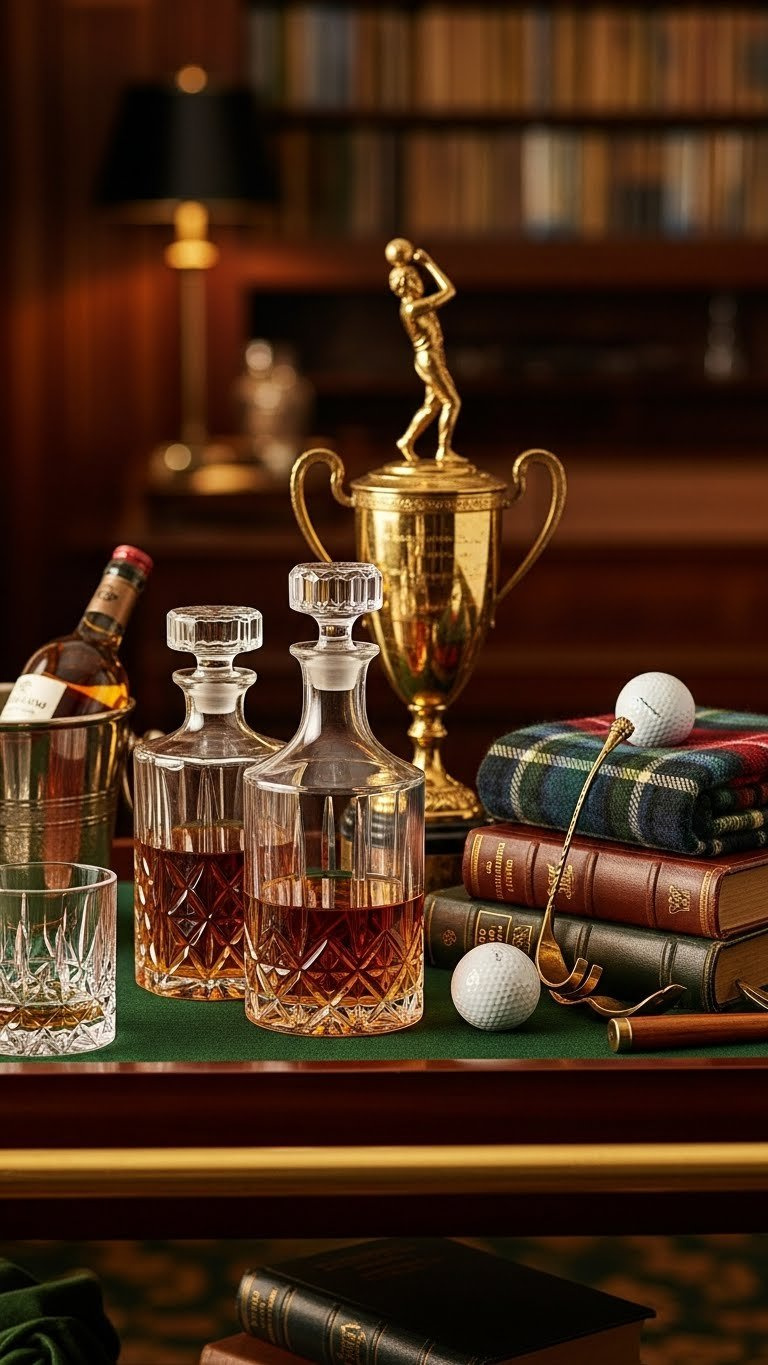 Sophisticated Golf-Themed Bar Cart With Crystal Decanters, Vintage Trophy, And Leather-Bound Books On Dark Wooden Surface In Golden Hour Light