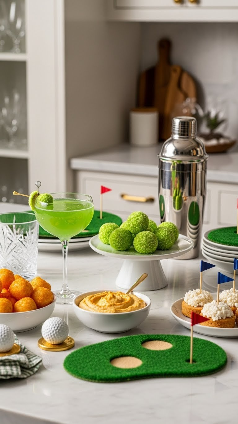 Sophisticated Golf Themed Food Spread With Signature Cocktails And Golf Ball Appetizers On Marble Countertop