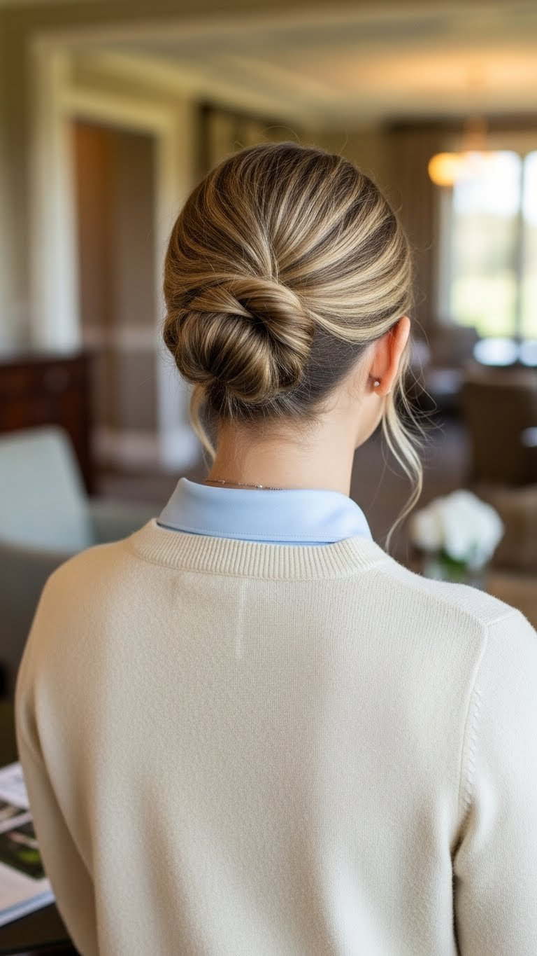 Sophisticated Half-Up Twist Hairstyle With Twisted Sections Pulled Back Against Open-Collar Golf Sweater In Clubhouse Lounge.