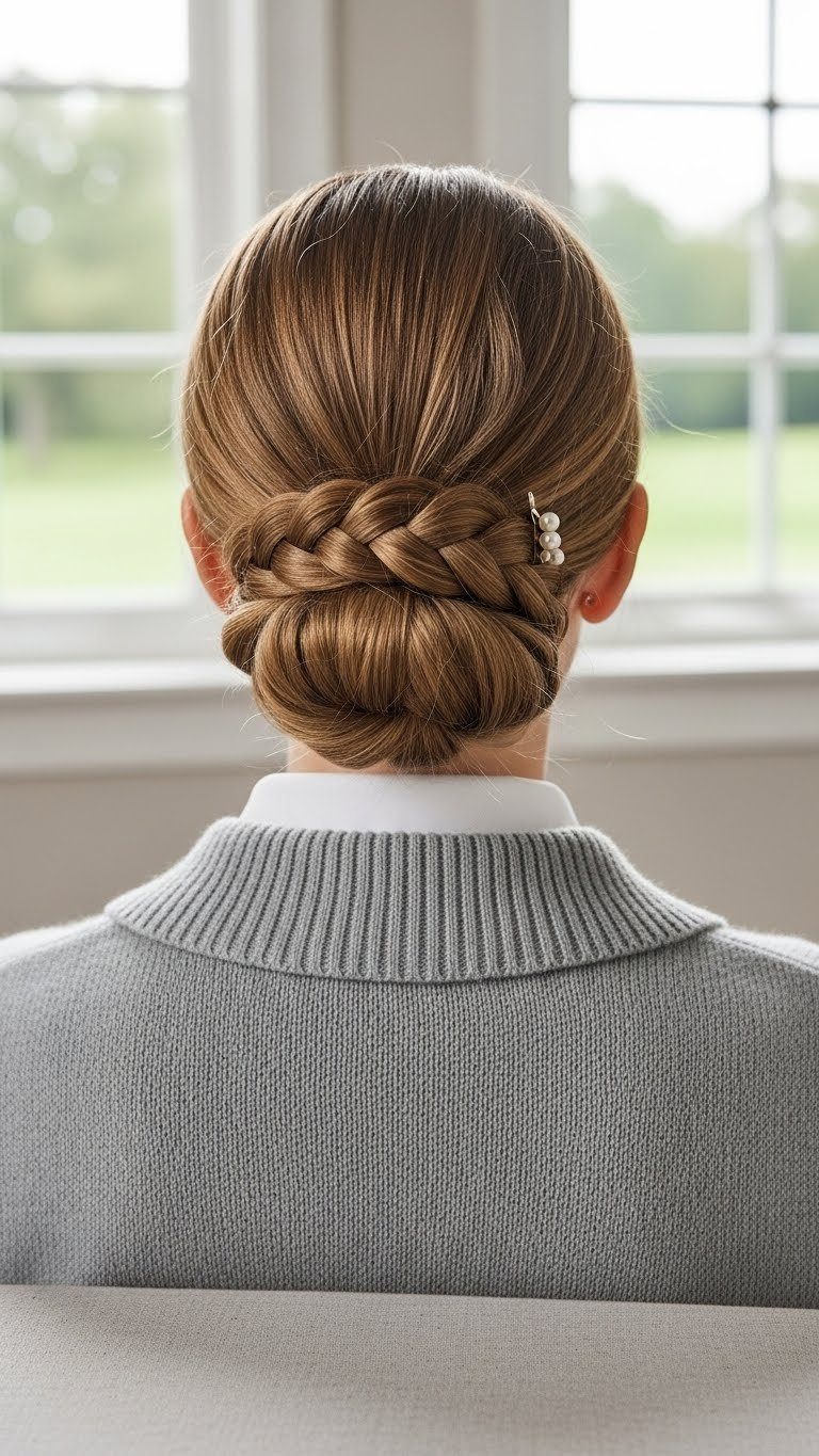Sophisticated Low Braided Bun Detail With Fine-Gauge Golf Cardigan Against Softly Blurred Clubhouse Interior Background