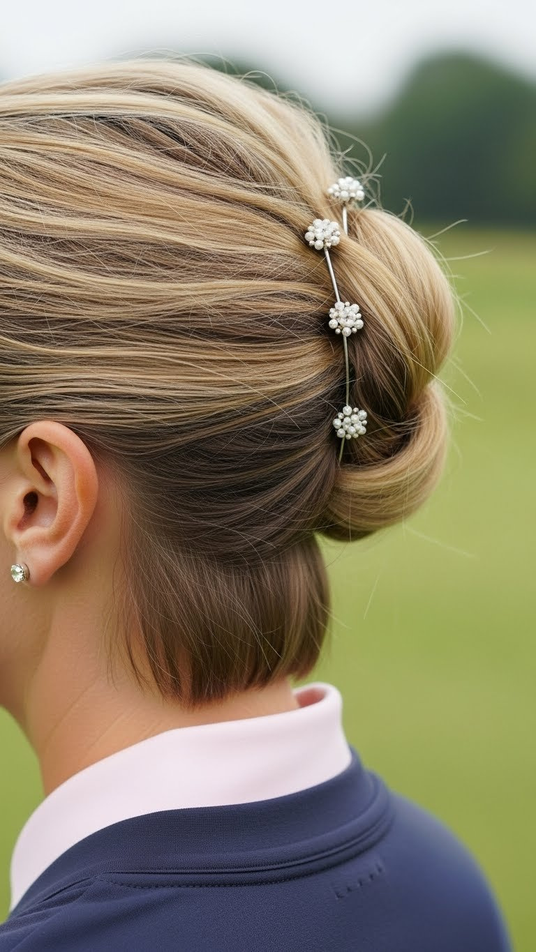 Sophisticated Short Hair Half-Up Pin-Back Style For Golfing Women With Decorative Pins And Putting Green Background