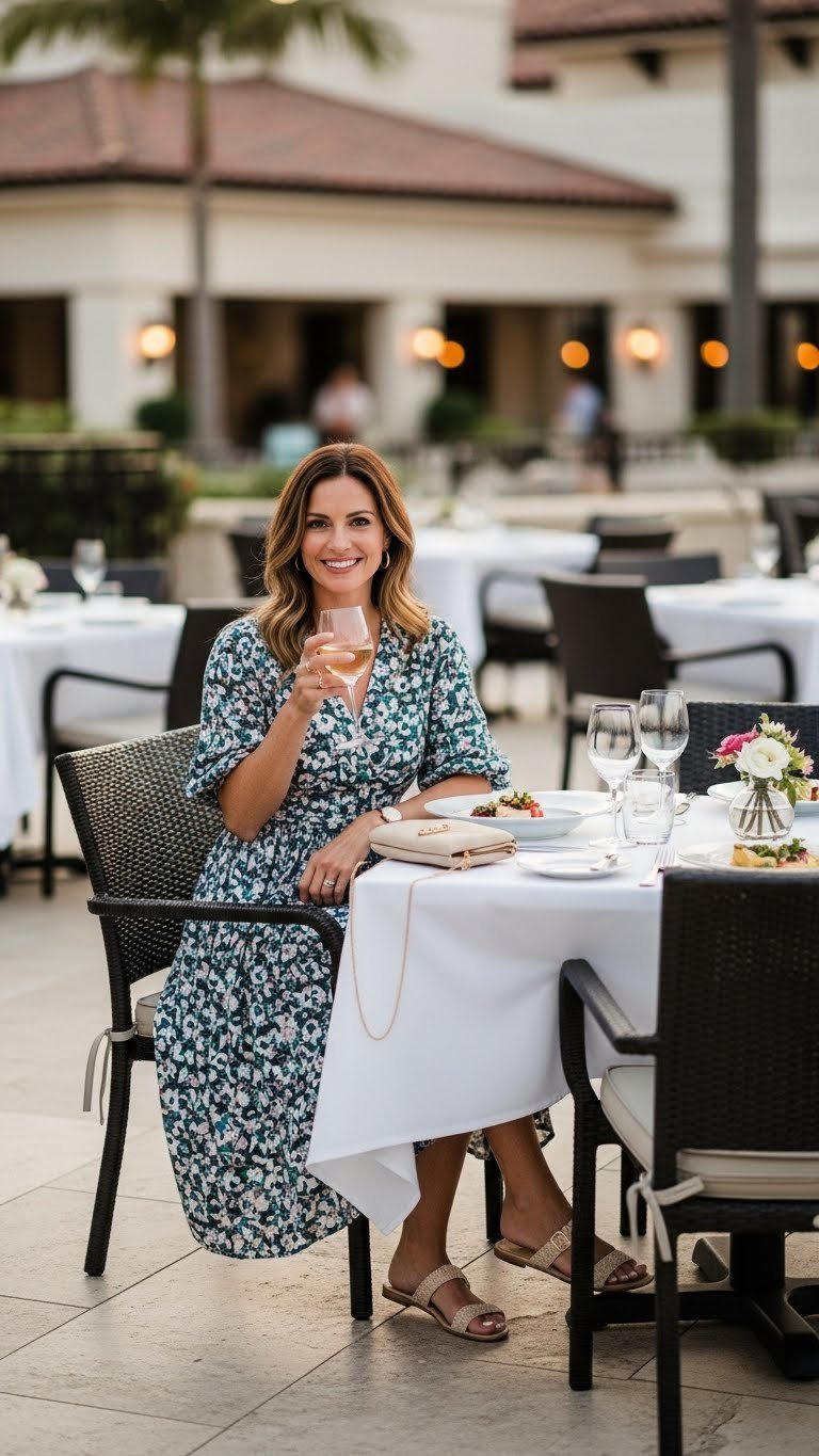 Sophisticated Woman In Flowy Linen Midi Dress Seated At Resort Patio Table With Wine Glass And Gold Jewelry