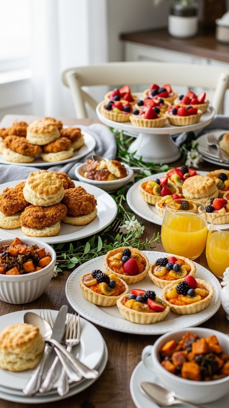 Southern-Inspired Brunch Buffet Spread With Fried Chicken Biscuits, Seasonal Fruit Tarts, And Mimosas On Rustic Platters