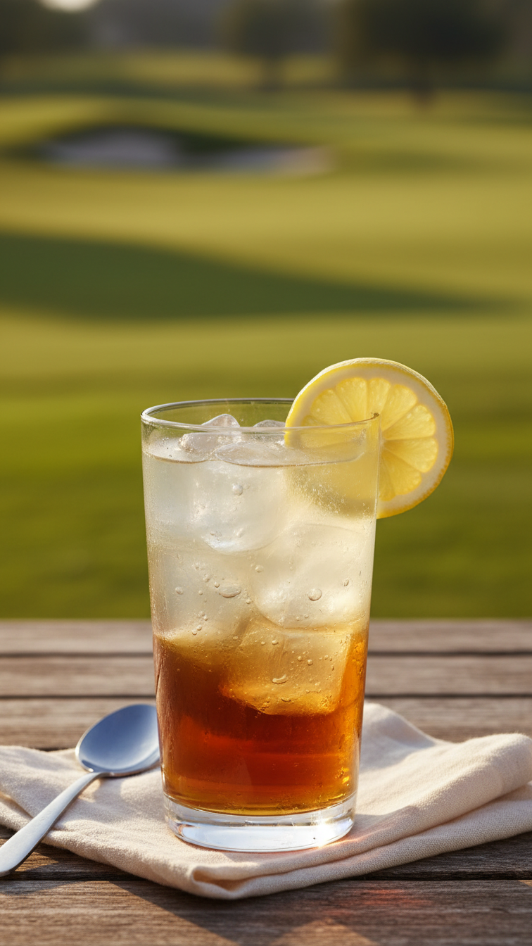 Spiked Arnold Palmer Cocktail Showing Amber Iced Tea And Yellow Lemonade Gradient With Lemon Wheel Garnish