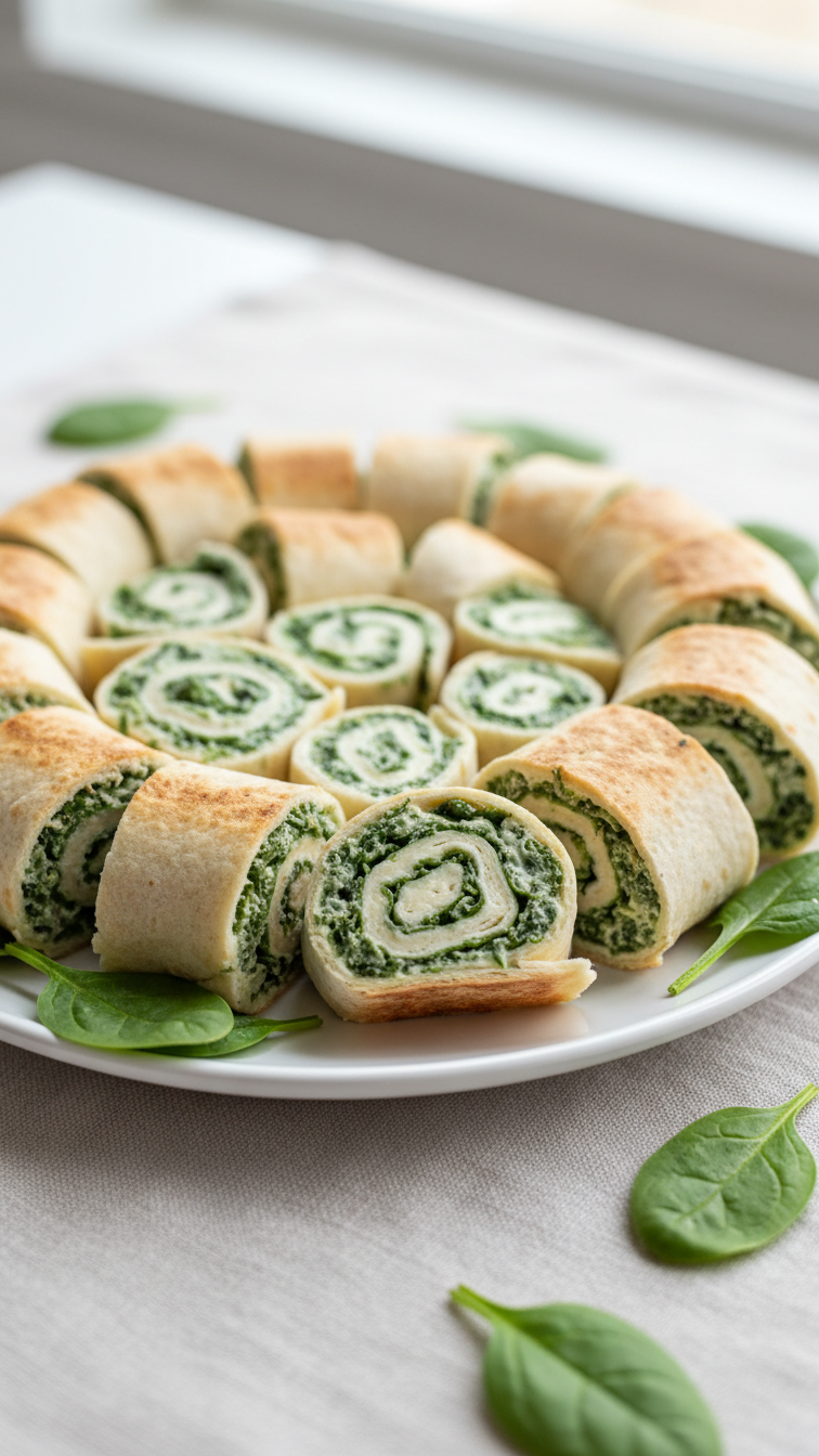 Spinach Pinwheels Showing Vibrant Green Swirl Pattern Arranged On White Ceramic Plate