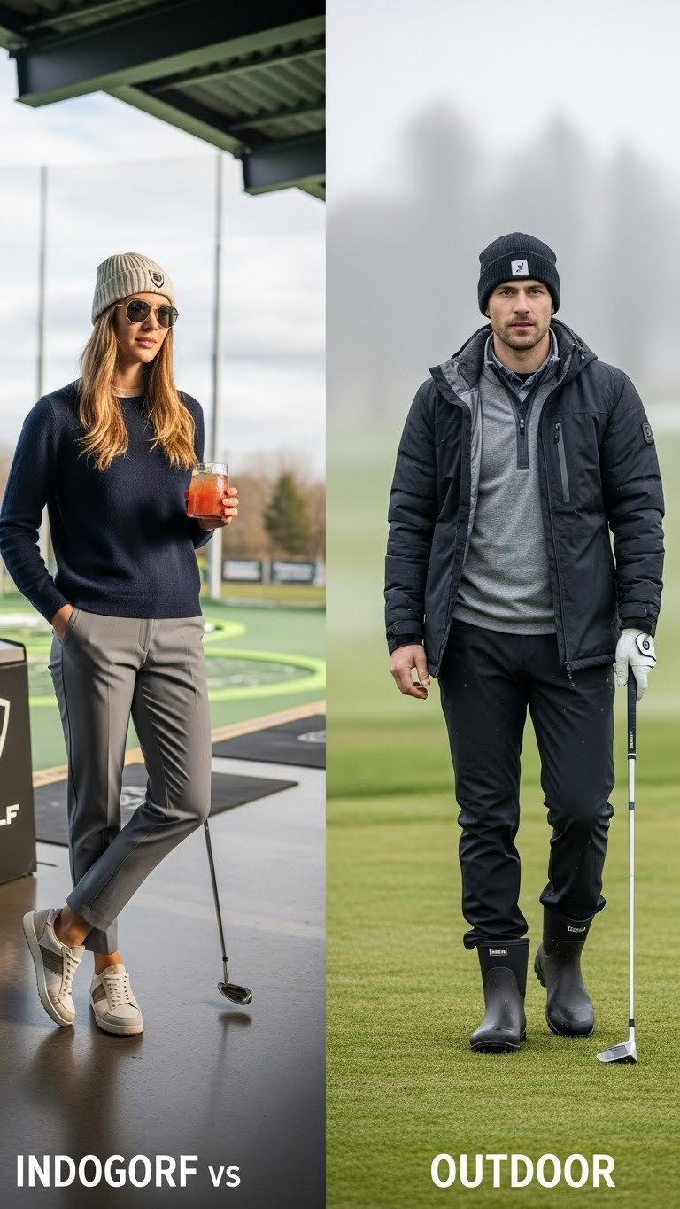 Split Image Comparing Indoor Topgolf Party Outfit Versus Outdoor Waterproof Winter Golf Outfit In Contrasting Settings