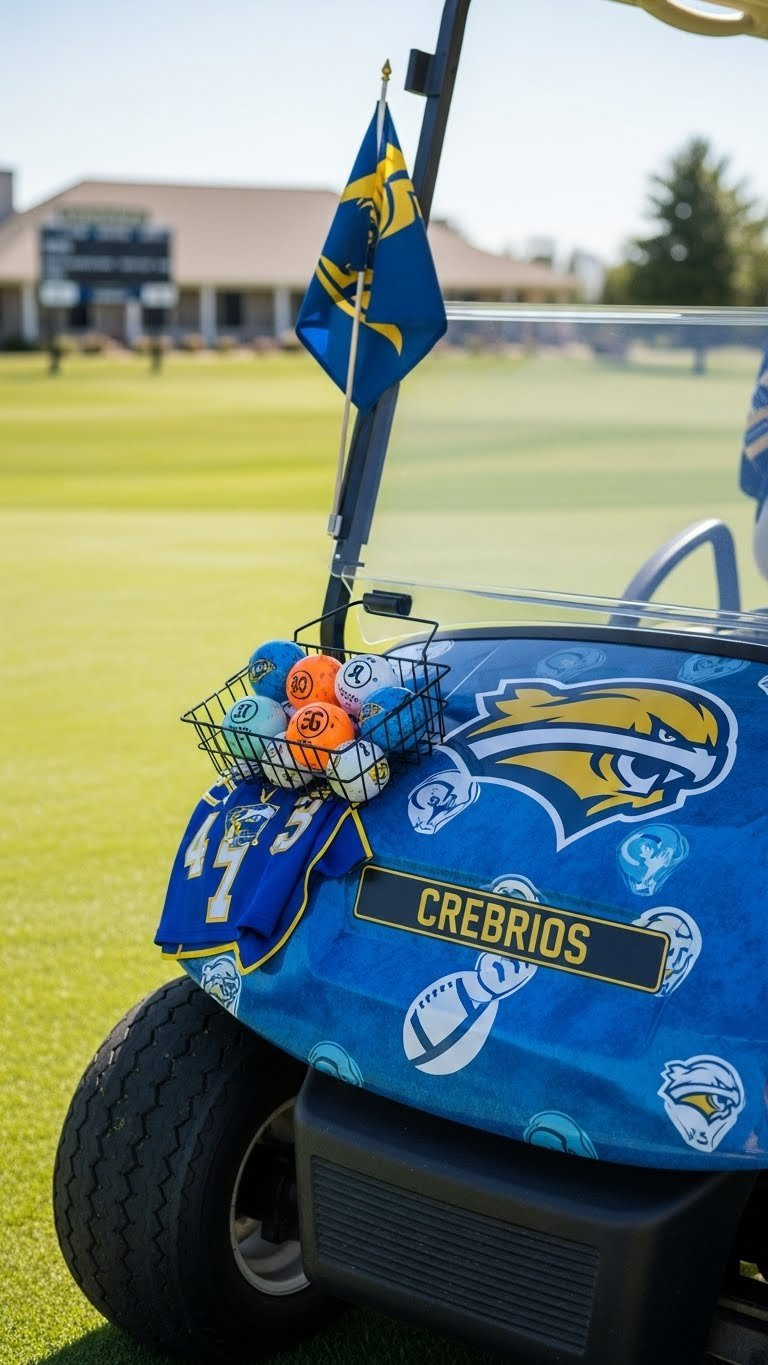 Sports Team-Themed Golf Cart With Custom Logo And Hand-Painted Team Golf Balls On Sunny Fairway