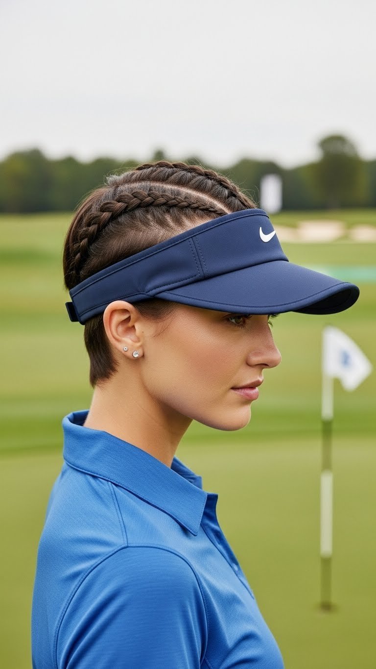 Sporty Dual Front Braids Framing Face On Short Hair Woman At Golf Course Driving Range