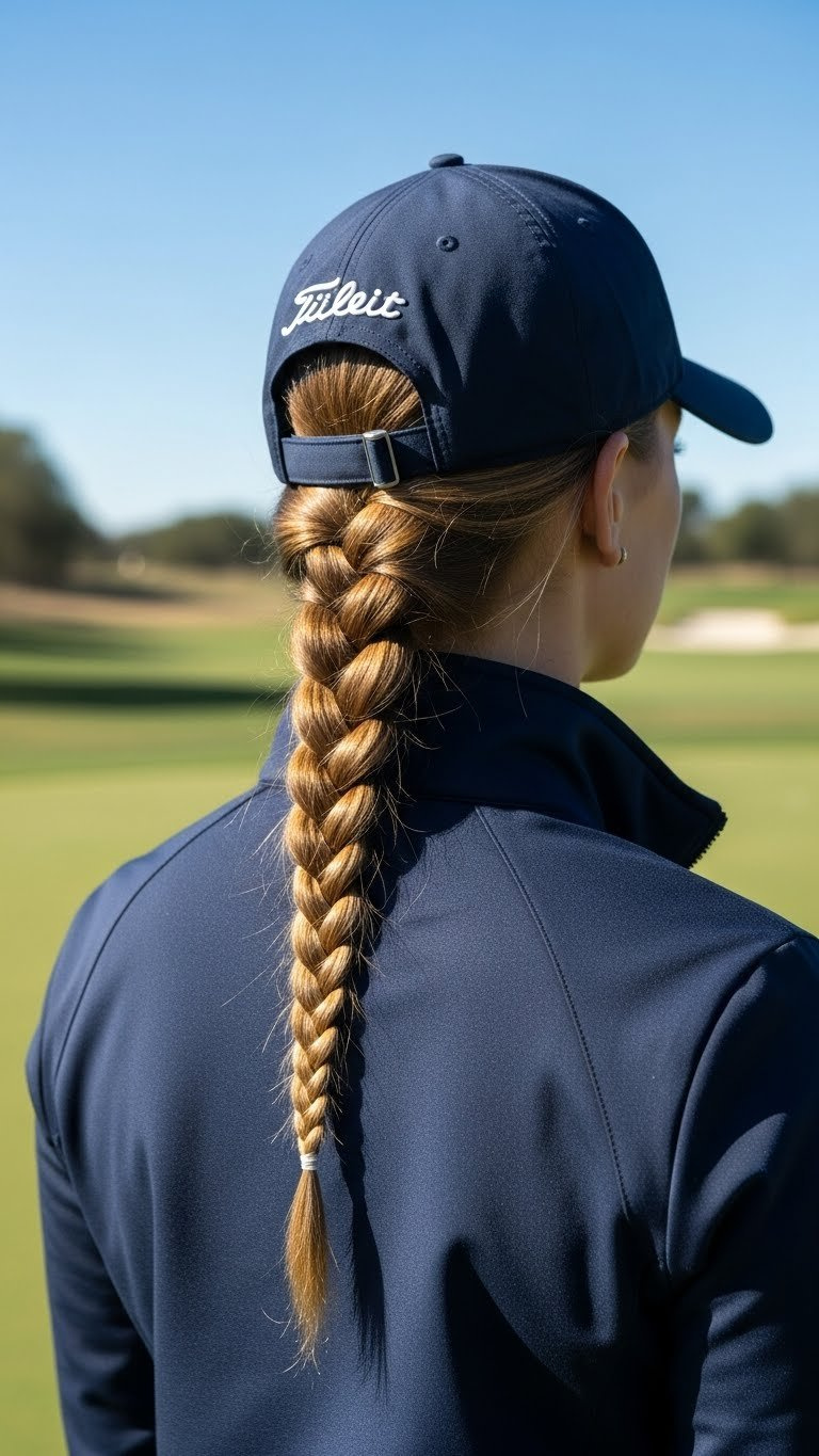 Sporty Side Braid Hairstyle With Baseball Cap On Golf Course Under Bright Daylight