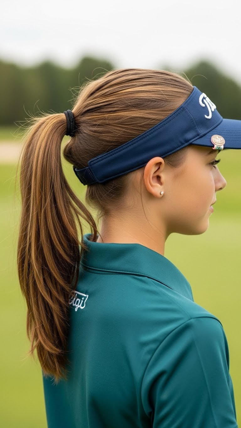 Sporty Side Ponytail On Junior Golfer Keeping Hair Out Of Face During Play On Tee Box