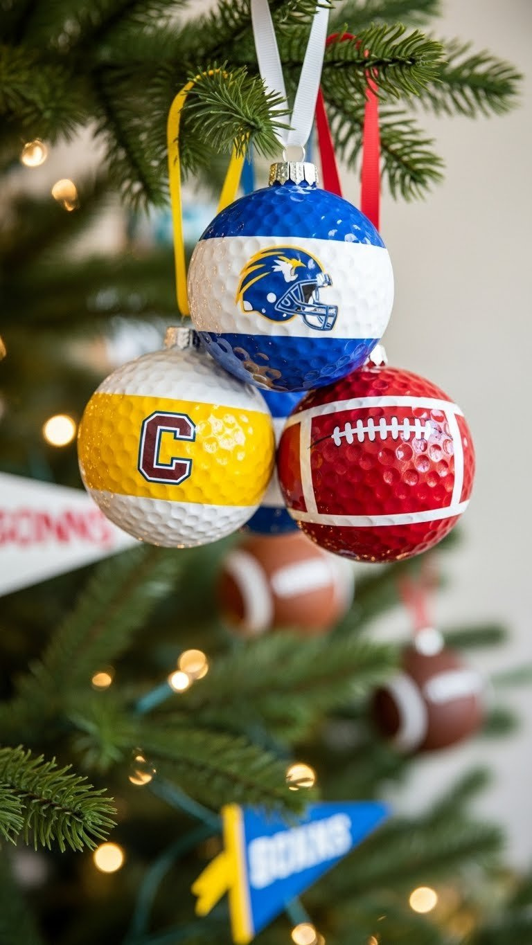 Sporty Team-Themed Golf Ball Ornaments In Bright Colors Hanging From Christmas Tree Branch