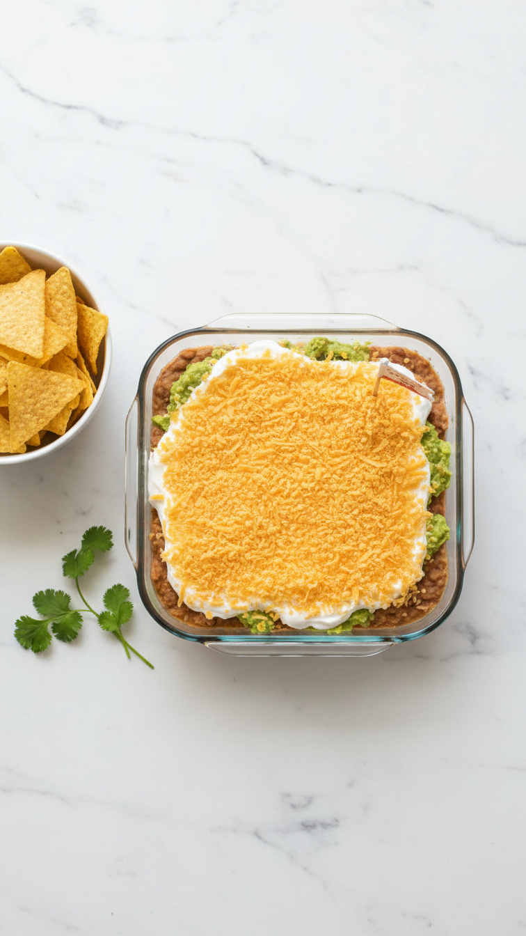 Square Glass Baking Dish With Layered Dip Topped With Shredded Cheddar Cheese And Golf Flag Garnish For Sand Trap Recipe.
