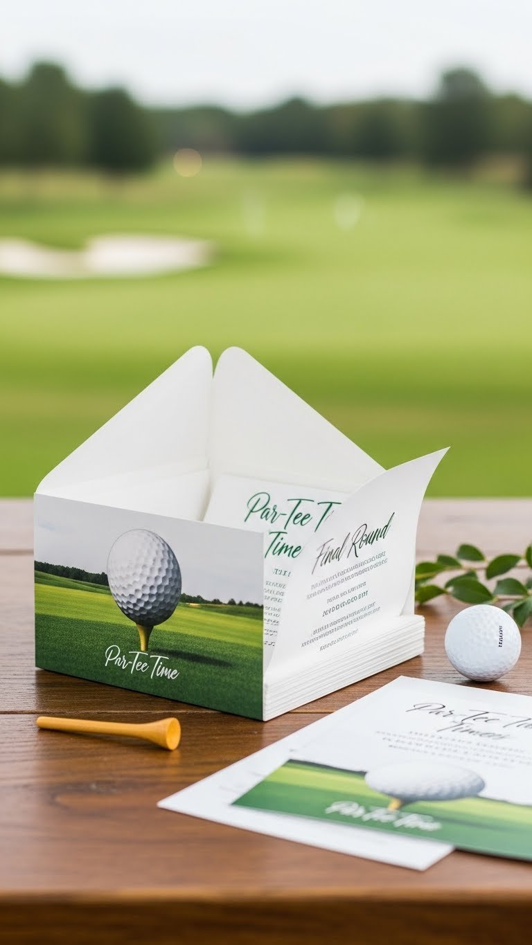 Stack Of Beautifully Crafted Golf Retirement Party Invitations With Embossed Golf Ball Texture And Green-Gold Color Palette