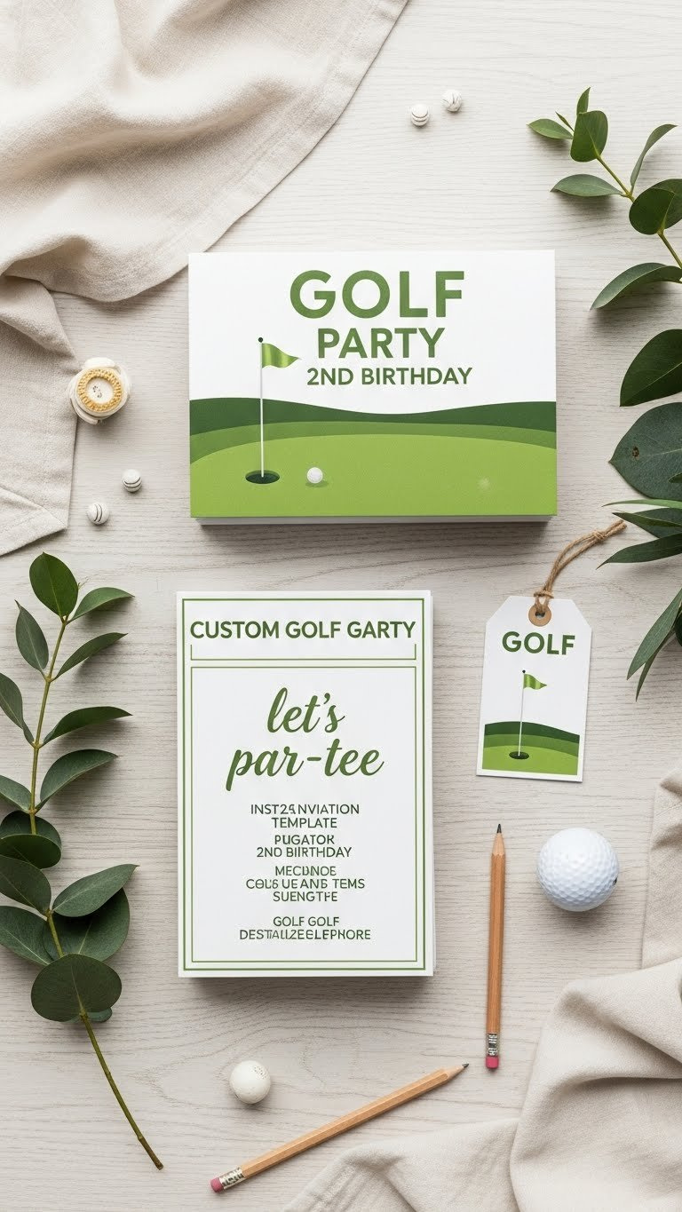 Stack Of Custom Golf Invitation Cards With Golf Course Design And Miniature Golf Ball On Light Wooden Table Flat Lay